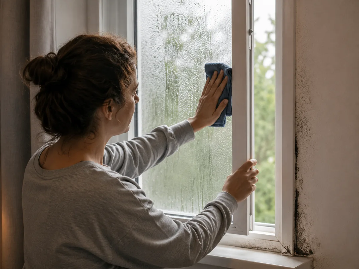 Condensation sur une fenêtre avec traces de moisissures