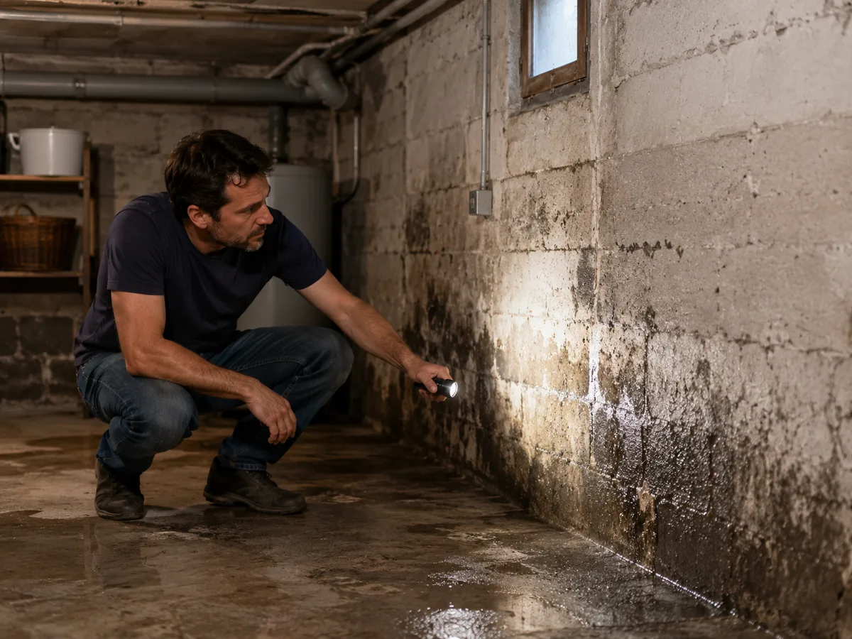 Inspection d’un sous-sol humide avec traces sur les murs