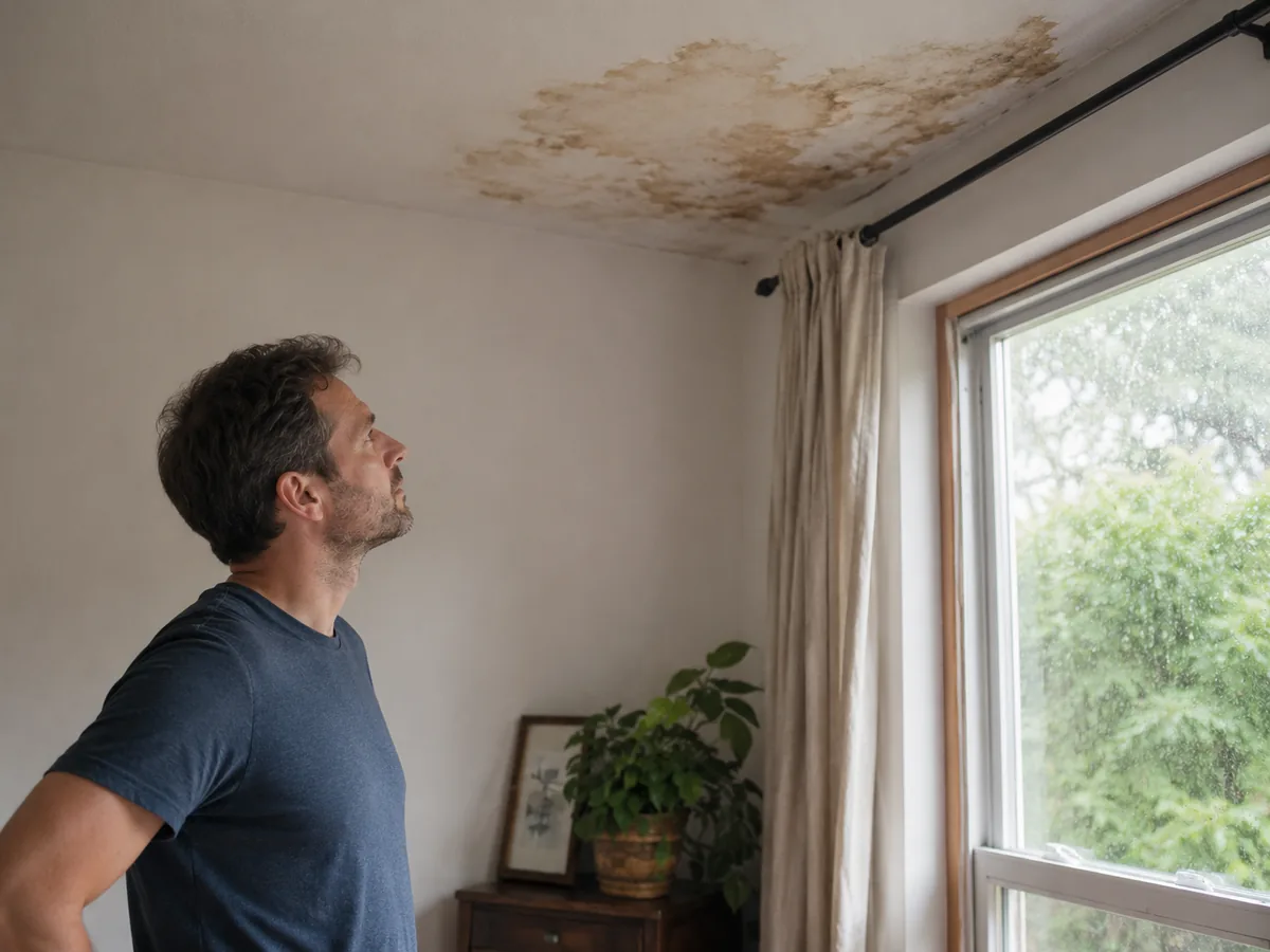 Trace d’infiltration d’eau au plafond près d’une fenêtre