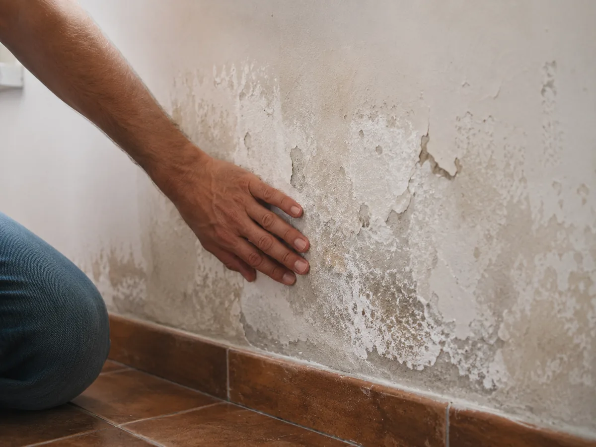Mur abîmé par l’humidité avec traces de salpêtre